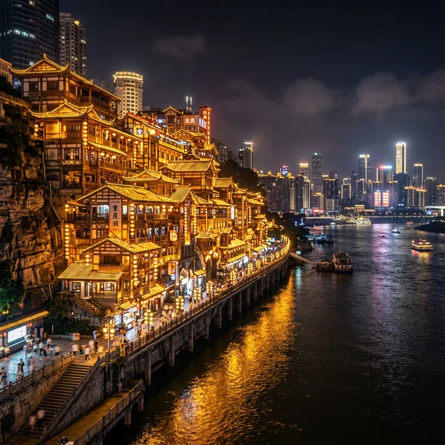 Layered night architecture and lights in Chongqing